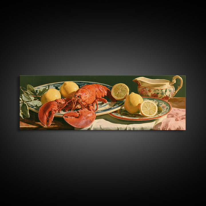 Unexpected Lobster and Lemons Still Life Framed Canvas Print, Eclectic Art, Large Wall Art, Living Room Decor, Eclectic, ECL-3x1-10