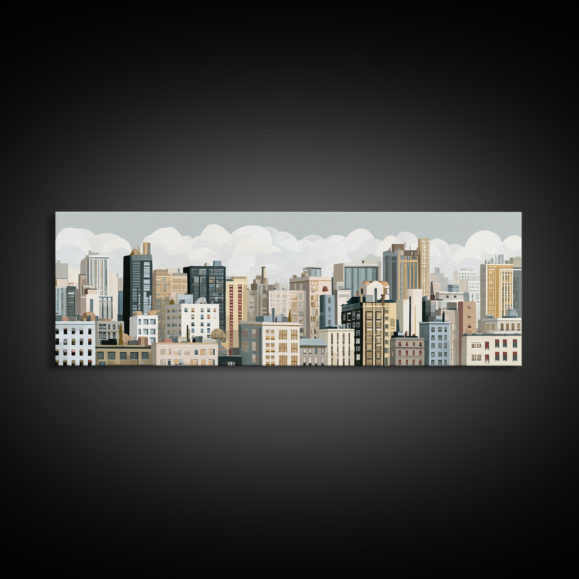 Naive Cityscape with Patterned Windows Canvas Print, Eclectic Art, Oil Painting, Living Room Decor, Abstract Art, Eclectic, ECL-3x1-100