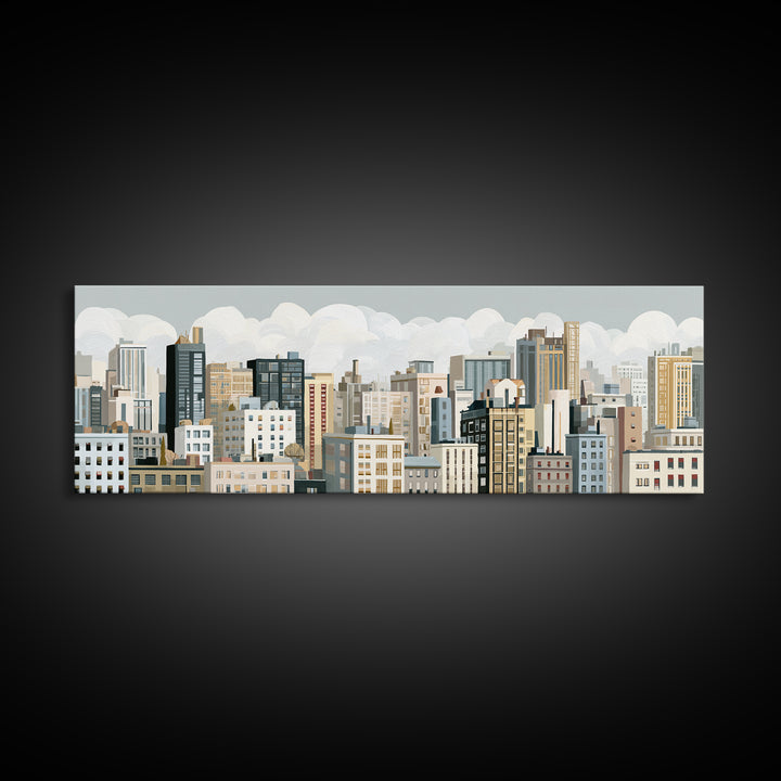 Naive Cityscape with Patterned Windows Canvas Print, Eclectic Art, Oil Painting, Living Room Decor, Abstract Art, Eclectic, ECL-3x1-100