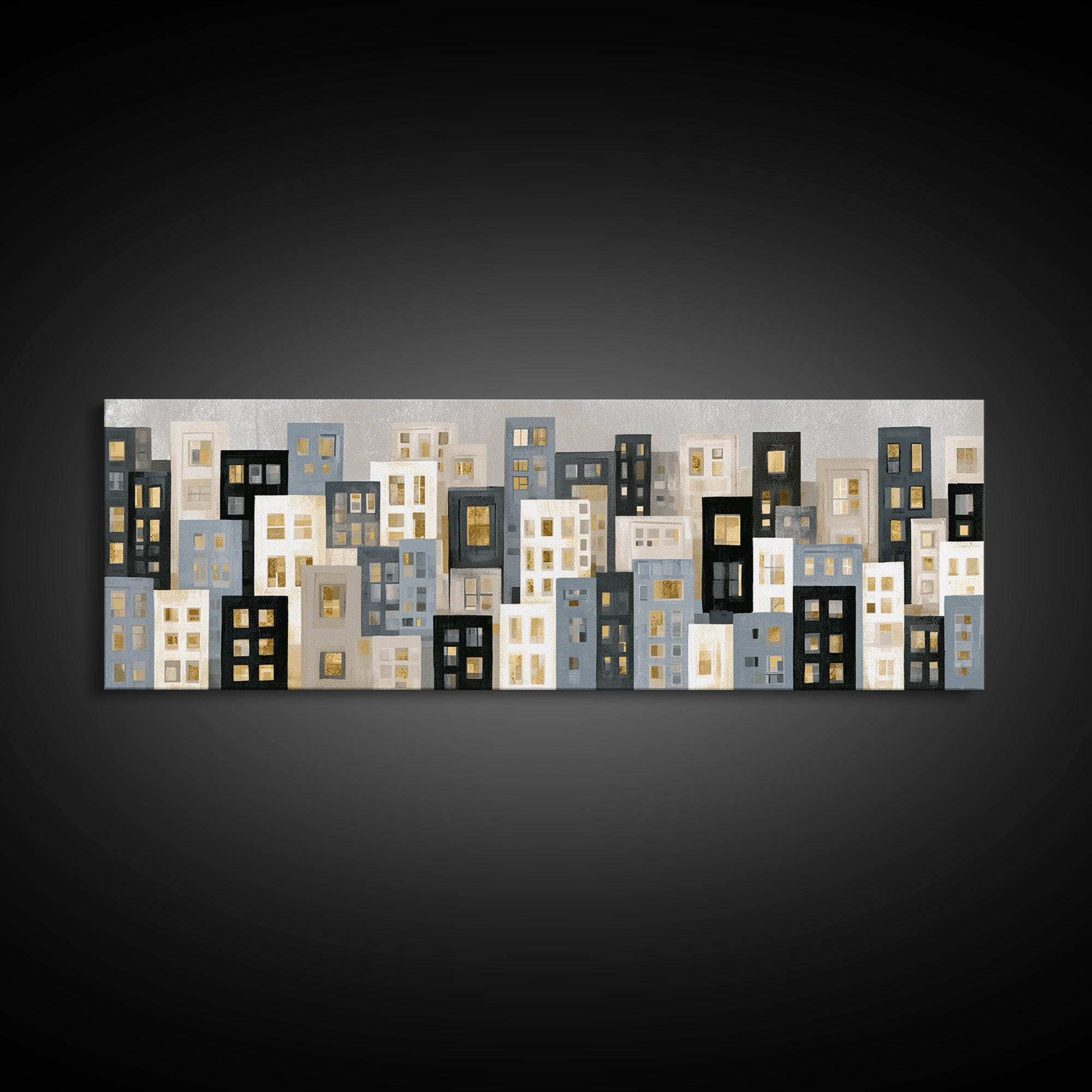 Naive Cityscape with Patterned Windows Framed Canvas Print, Eclectic Art, Gallery Decor, Living Room Decor, Oil Painting, ECL-3x1-28
