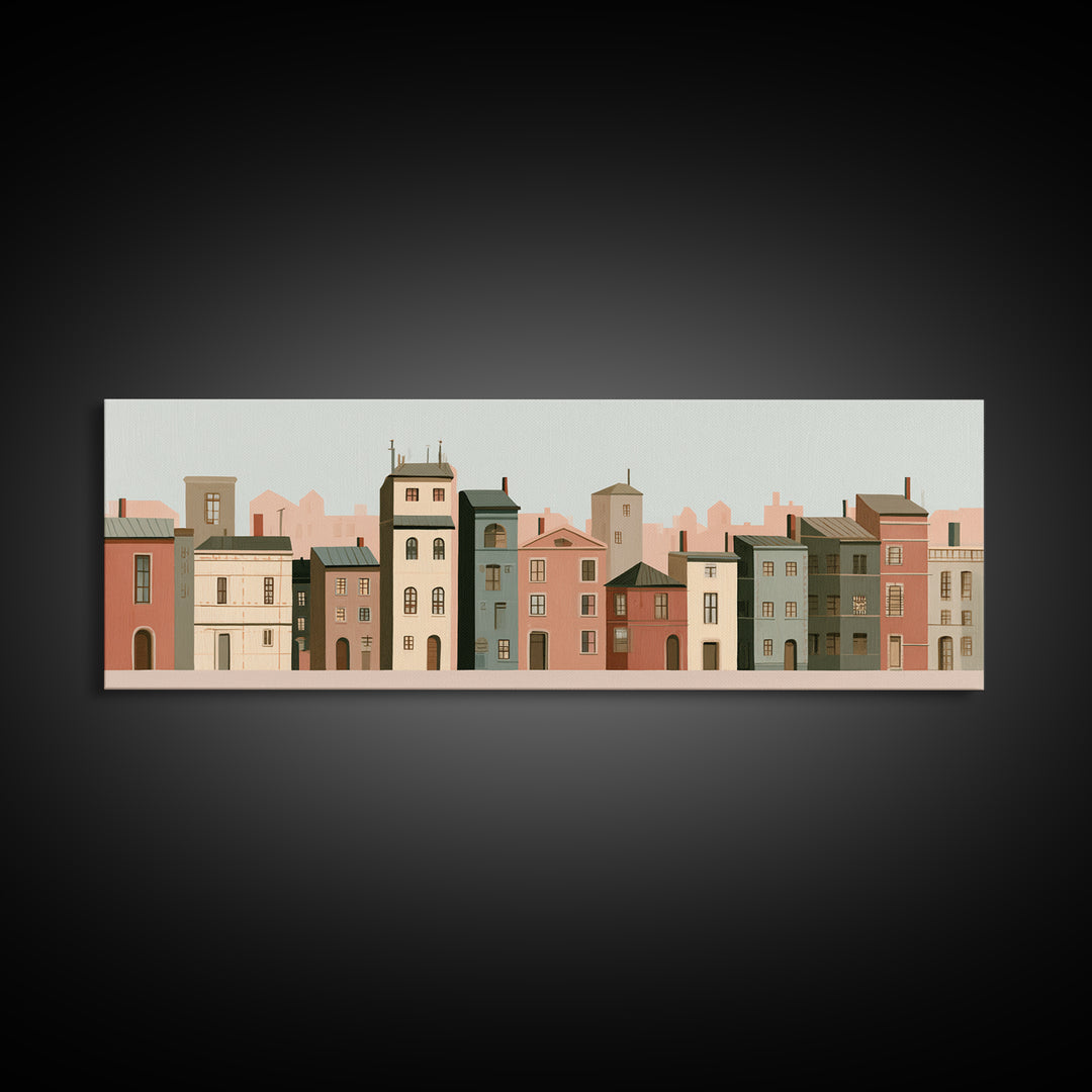 Naive Cityscape with Patterned Windows Canvas Print, Eclectic Art, Living Room Decor, Watercolor Art, Eclectic, ECL-3x1-4