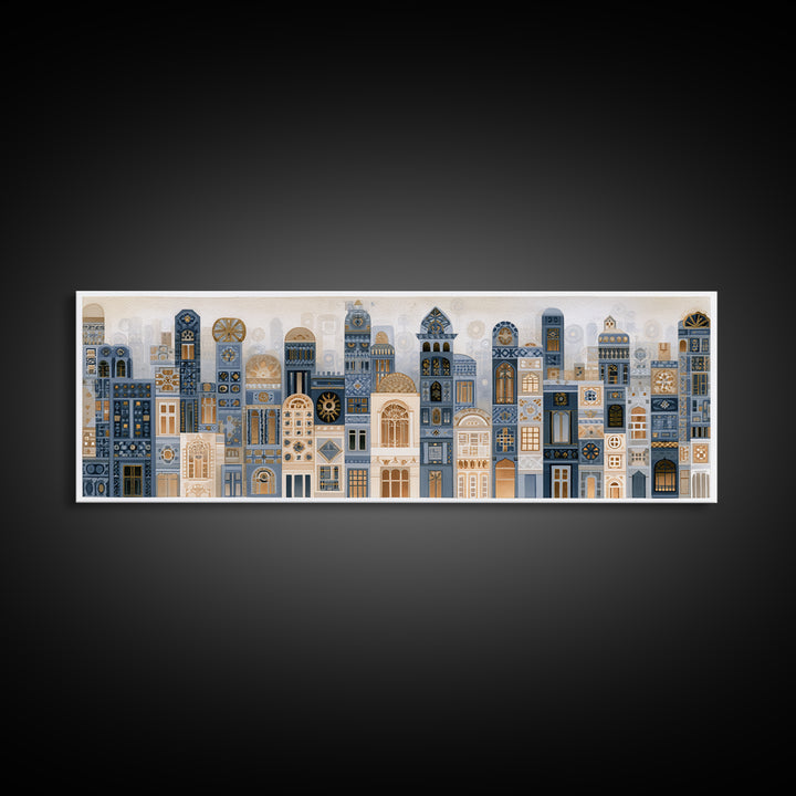 Naive Cityscape with Patterned Windows Framed Canvas Print, Eclectic Art, Home Decor, Living Room Decor, Abstract Art, Eclectic, ECL-3x1-52