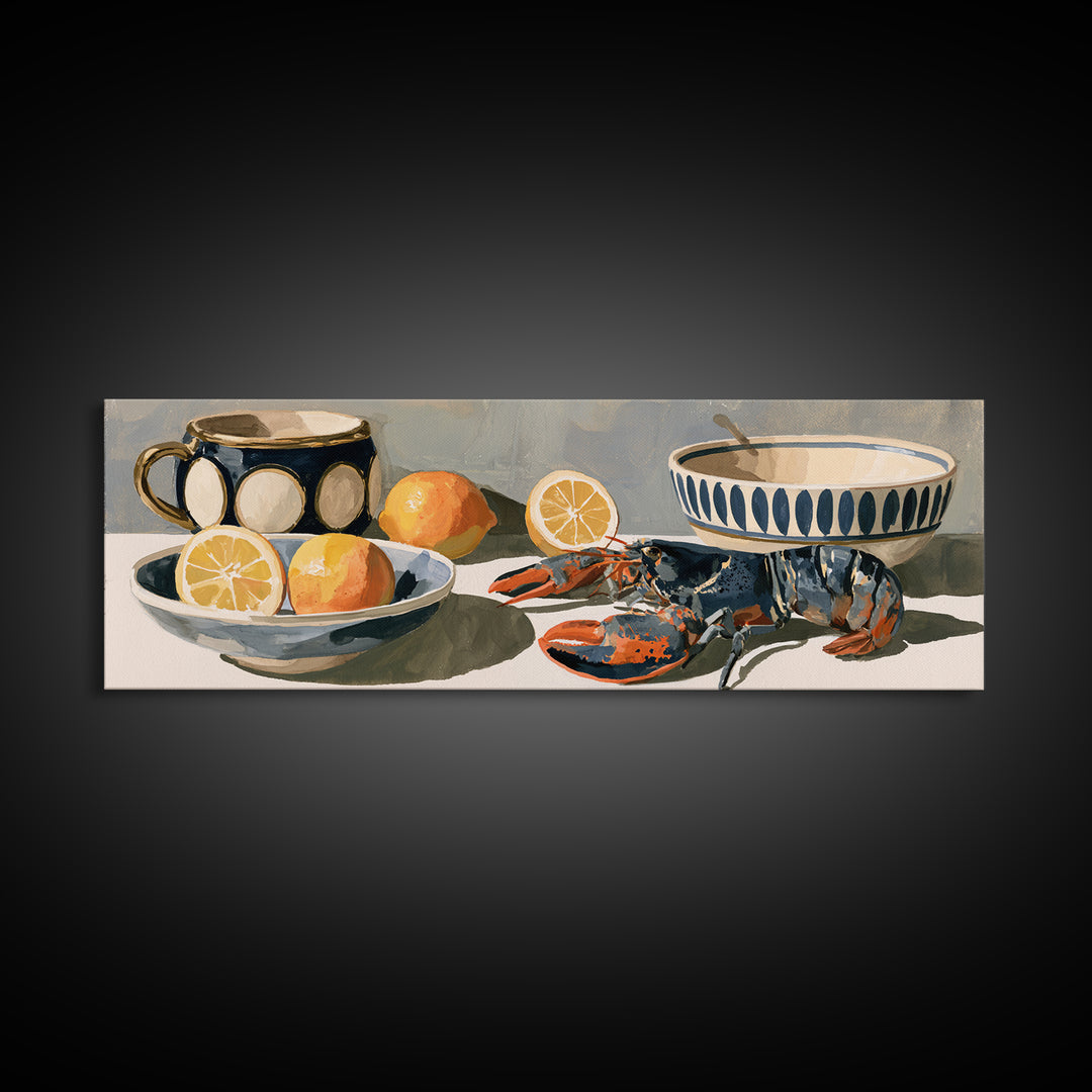 Unexpected Lobster and Lemons Still Life Framed Canvas Print, Eclectic Art, Dopamine Decor, Living Room Decor, Eclectic, ECL-3x1-58