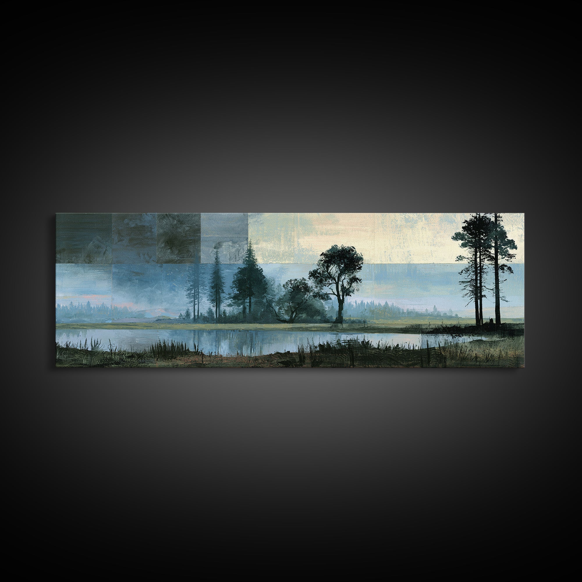Bohemian Patchwork Landscape Framed Canvas Print, Eclectic Art, Minimalist Decor, Living Room Decor, Fine Art, Eclectic, ECL-3x1-64