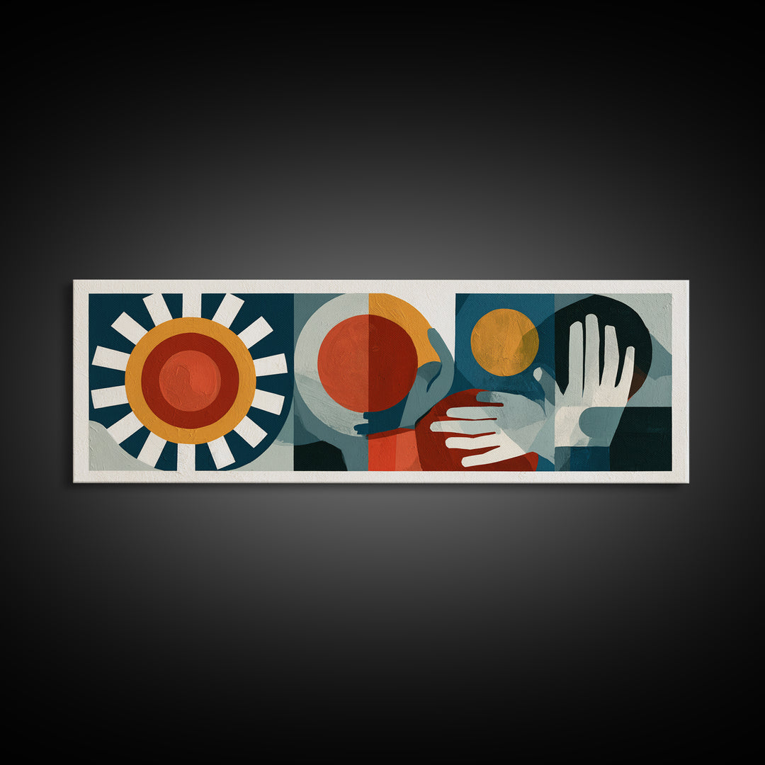 Geometric Sun and Hand Motif Framed Canvas Print, Eclectic Art, Contemporary Art, Living Room Decor, Abstract Art, Eclectic, ECL-3x1-7