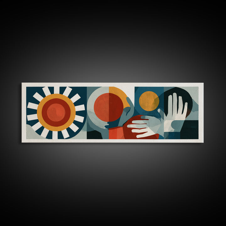 Geometric Sun and Hand Motif Framed Canvas Print, Eclectic Art, Contemporary Art, Living Room Decor, Abstract Art, Eclectic, ECL-3x1-7
