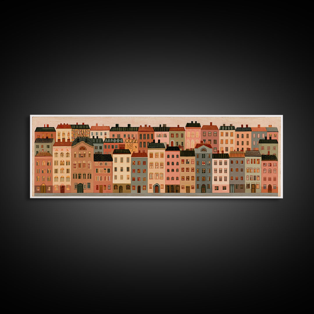 Naive Cityscape with Patterned Windows Canvas Print, Eclectic Art, Art Prints, Living Room Decor, Fine Art, Eclectic, ECL-3x1-76