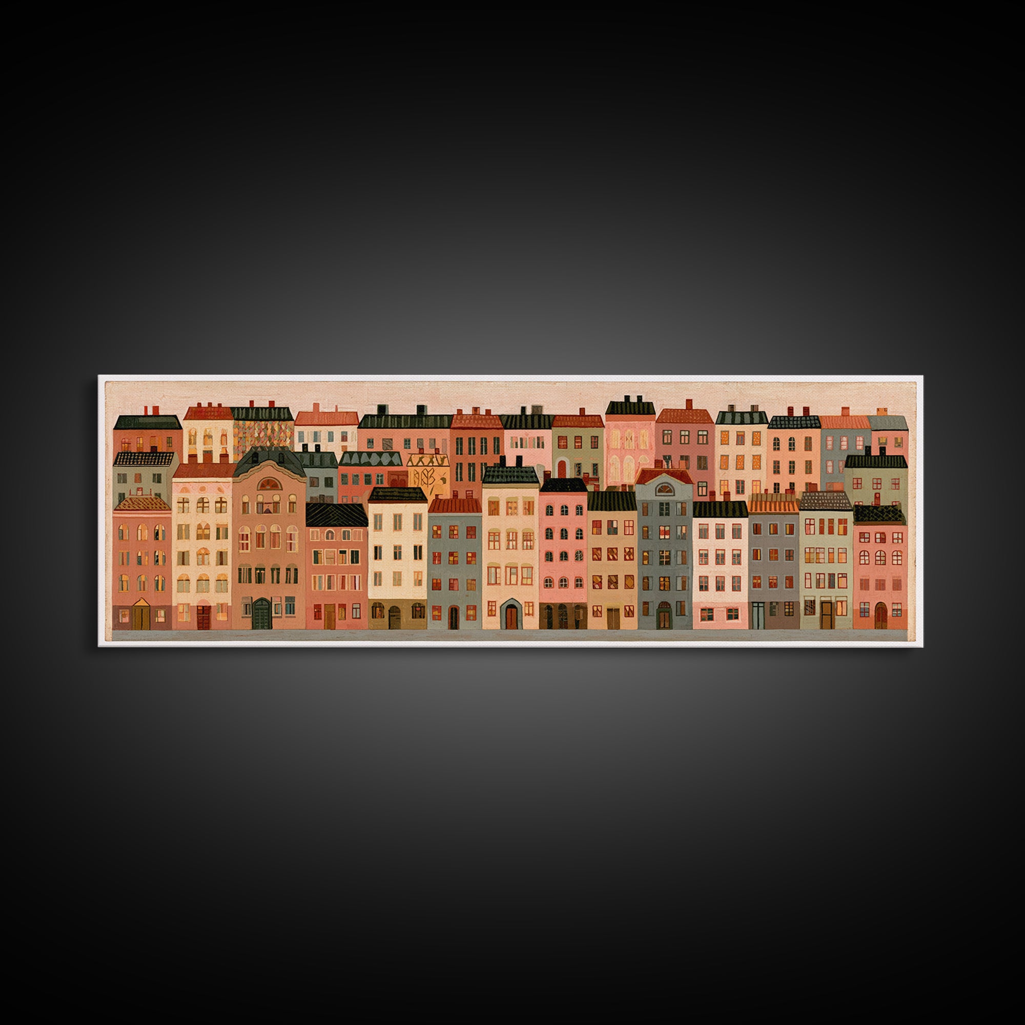 Naive Cityscape with Patterned Windows Canvas Print, Eclectic Art, Art Prints, Living Room Decor, Fine Art, Eclectic, ECL-3x1-76