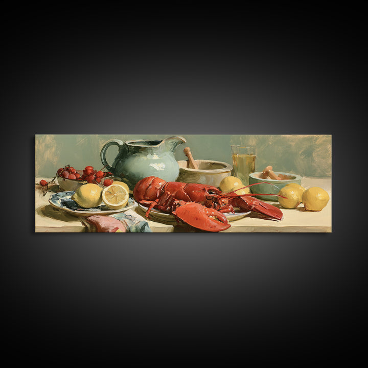 Unexpected Lobster and Lemons Still Life Framed Canvas Print, Eclectic Art, Dopamine Decor, Living Room Decor, Eclectic, ECL-3x1-82