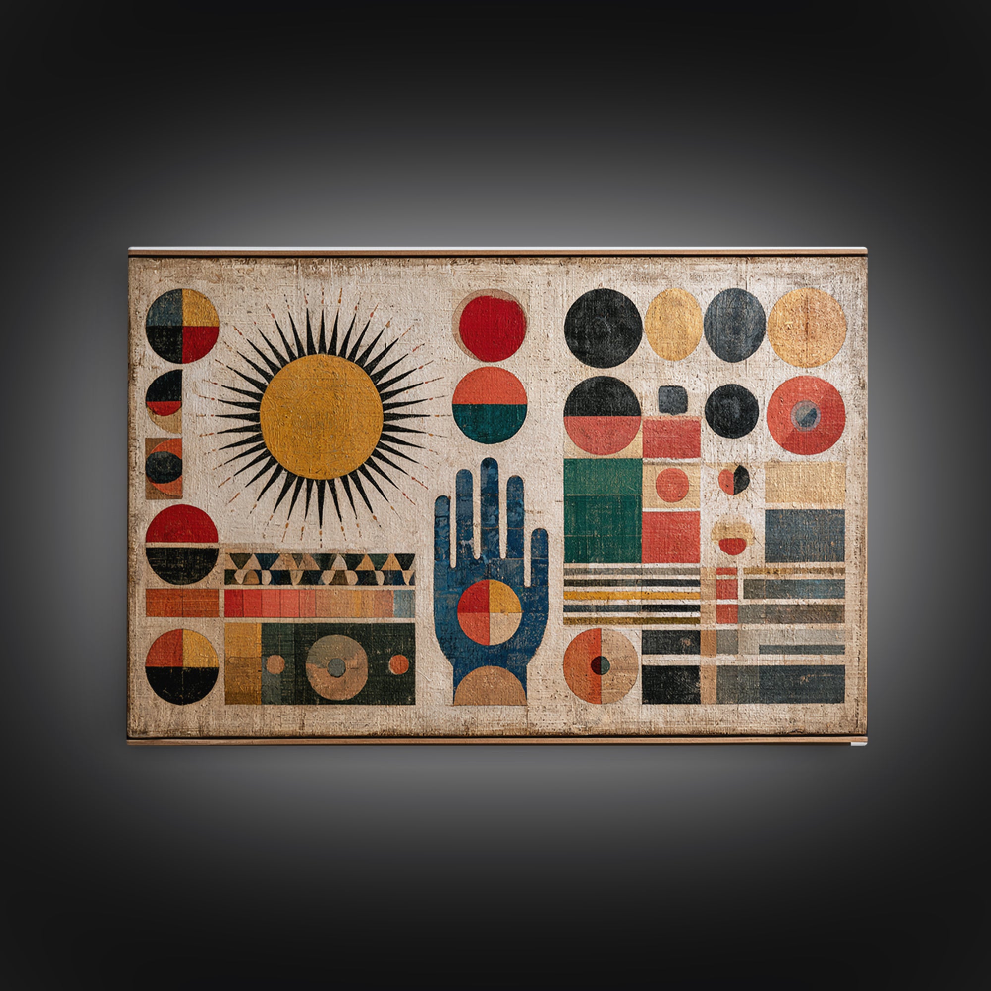 Geometric Sun and Hand Motif Framed Canvas Print, Eclectic Art, Boho, Living Room Decor, Abstract Art, Eclectic, ECL-3x2-19