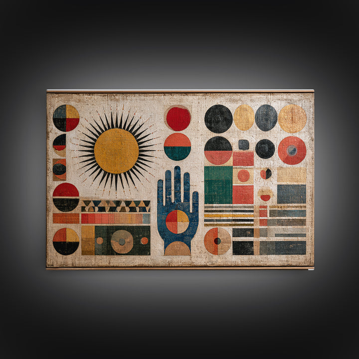 Geometric Sun and Hand Motif Framed Canvas Print, Eclectic Art, Boho, Living Room Decor, Abstract Art, Eclectic, ECL-3x2-19