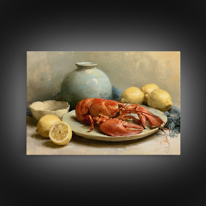 Unexpected Lobster and Lemons Still Life Canvas Print, Eclectic Art, Boho Wall Art, Living Room Decor, Oil Painting, Eclectic, ECL-3x2-22