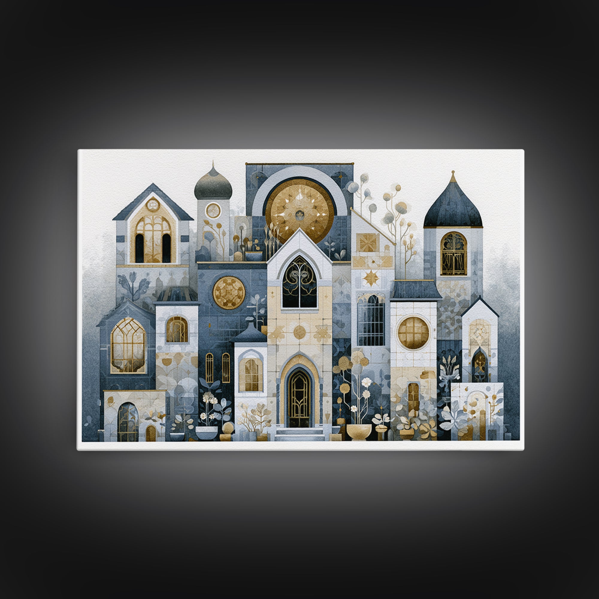 Naive Cityscape with Patterned Windows Framed Canvas Print, Eclectic Art, Art Prints, Living Room Decor, Oil Painting, Eclectic, ECL-3x2-40