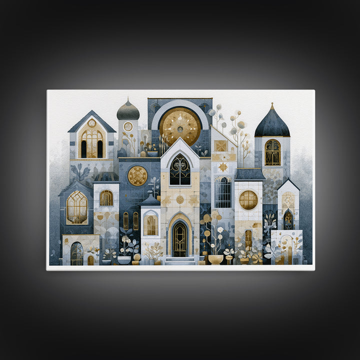 Naive Cityscape with Patterned Windows Framed Canvas Print, Eclectic Art, Art Prints, Living Room Decor, Oil Painting, Eclectic, ECL-3x2-40
