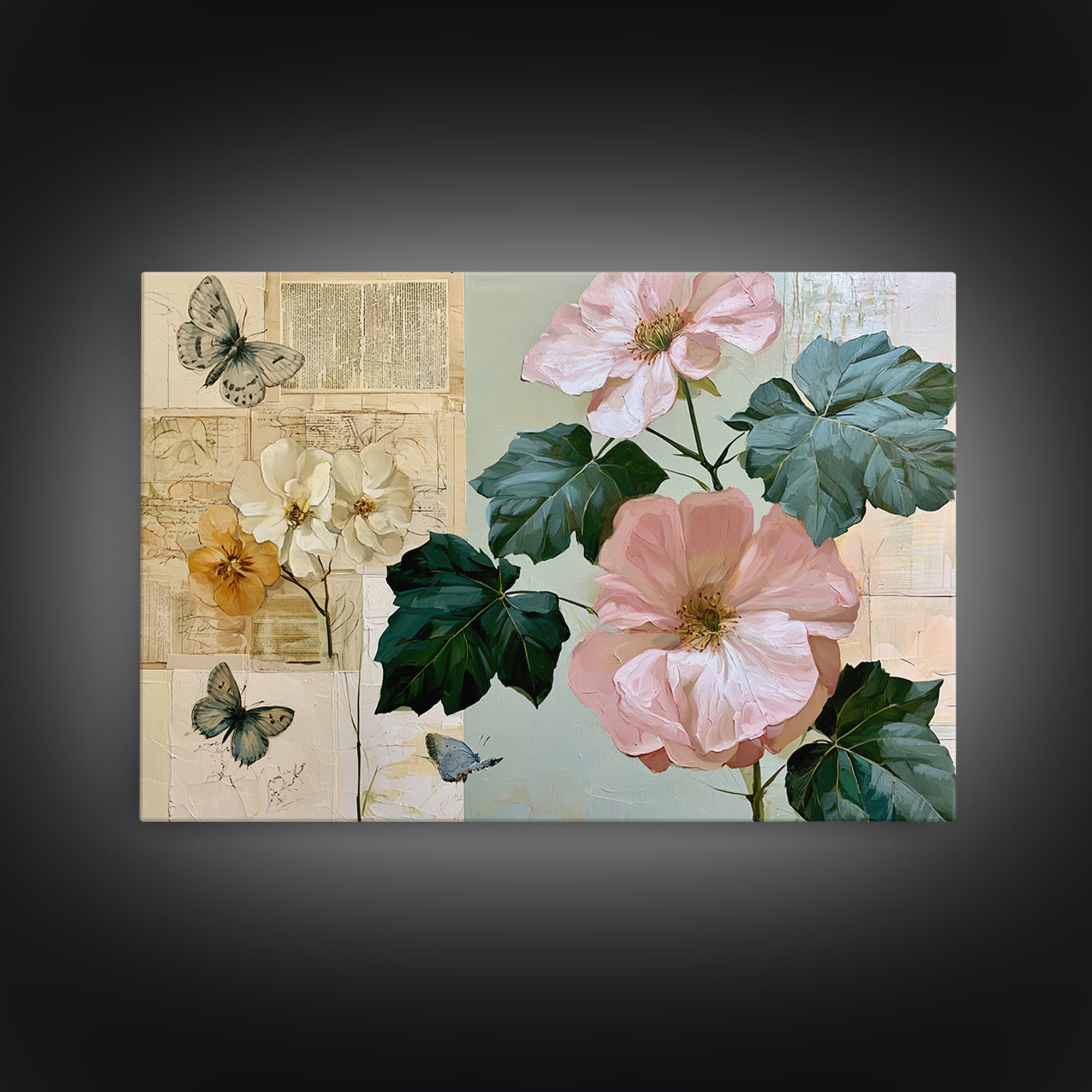Botanical Collage with Butterflies and Old Paper Framed Canvas Print, Eclectic Art, Wall Decor, Living Room Decor, Eclectic, ECL-3x2-41