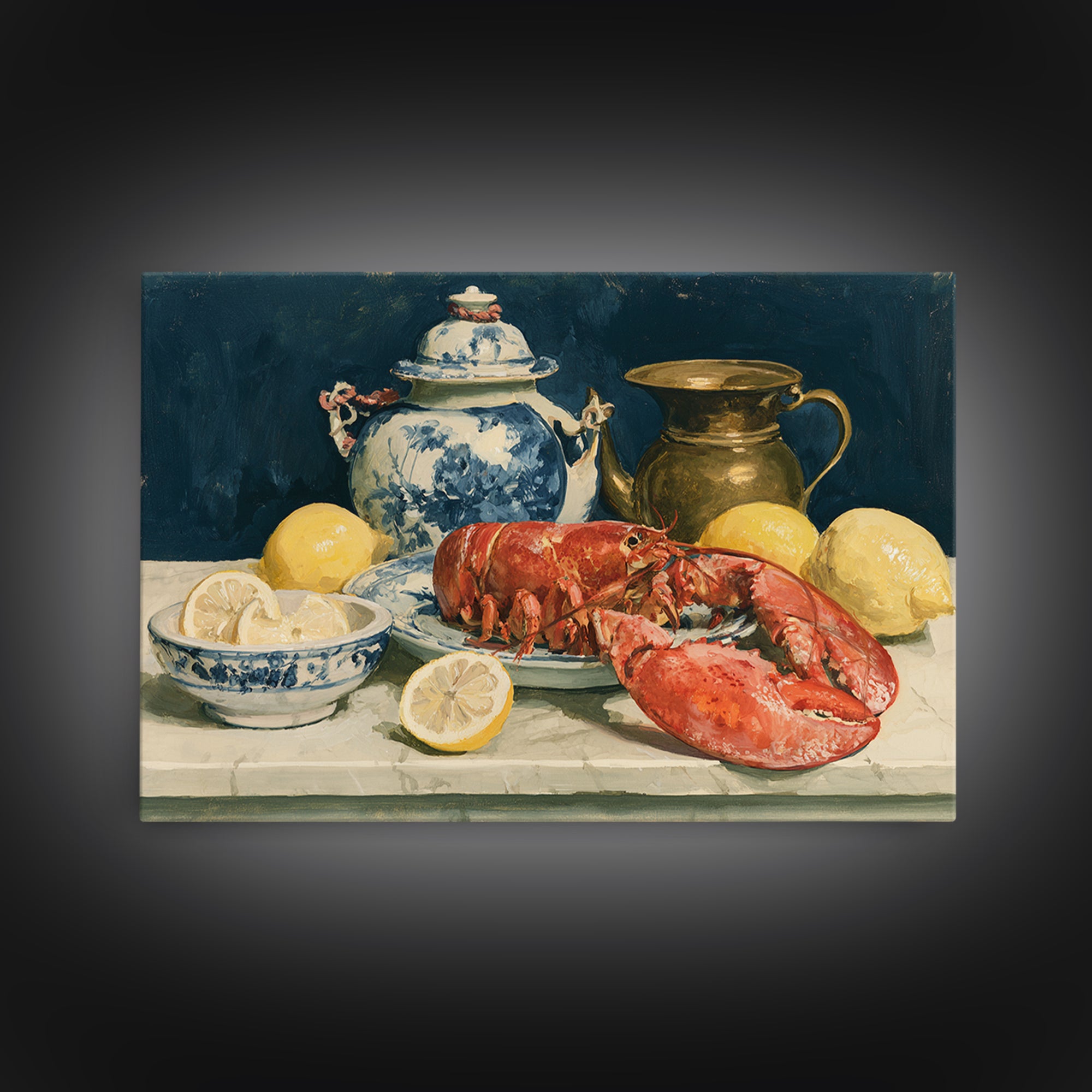 Unexpected Lobster and Lemons Still Life Framed Canvas Print, Eclectic Art, Neutral Decor, Living Room Decor, Eclectic, ECL-3x2-46
