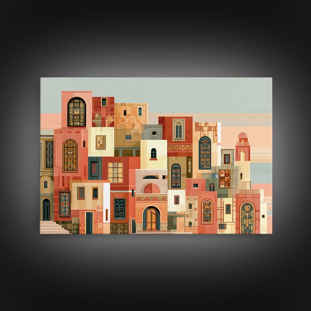 Naive Cityscape with Patterned Windows Framed Canvas Print, Eclectic Art, Original Art, Living Room Decor, Abstract Art, ECL-3x2-64