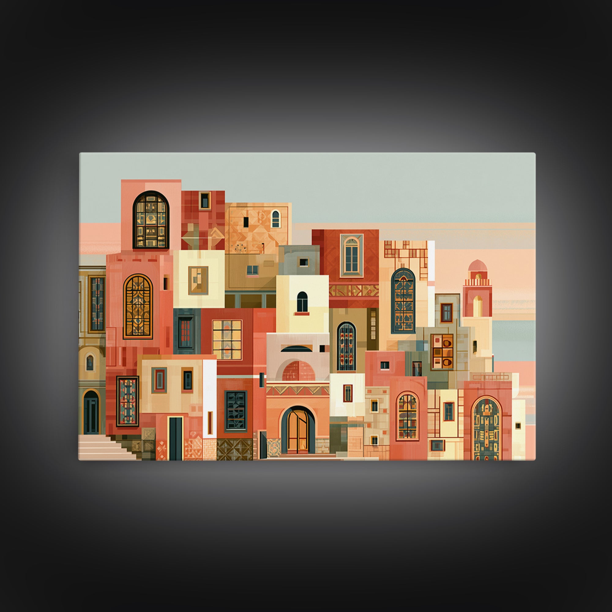 Naive Cityscape with Patterned Windows Framed Canvas Print, Eclectic Art, Original Art, Living Room Decor, Abstract Art, ECL-3x2-64