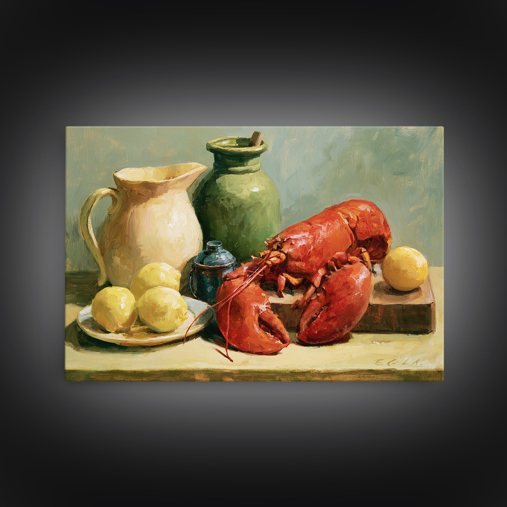 Unexpected Lobster and Lemons Still Life Framed Canvas Print, Eclectic Art, Neutral Decor, Living Room Decor, Eclectic, ECL-3x2-70
