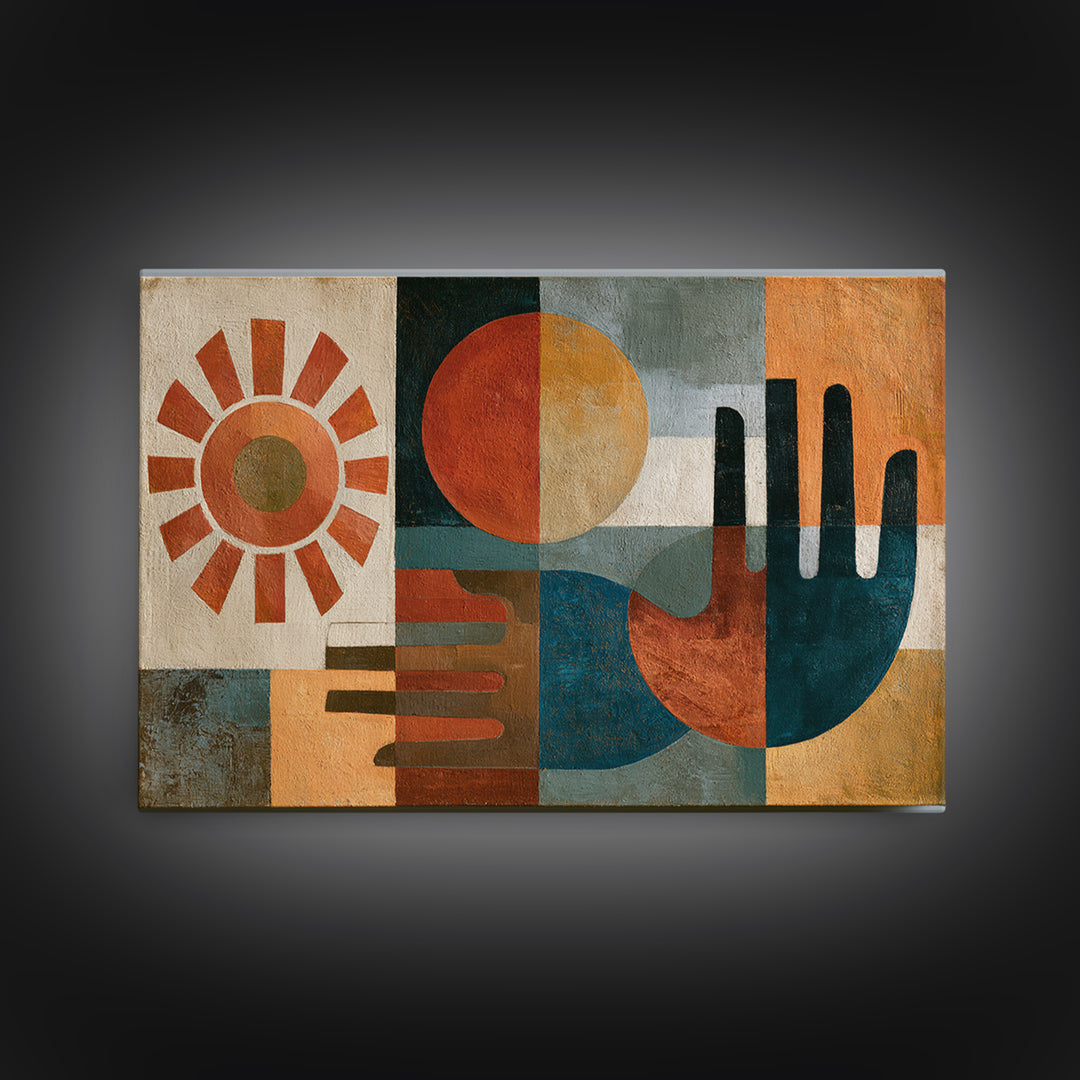 Geometric Sun and Hand Motif Framed Canvas Print, Eclectic Art, Minimalist Decor, Living Room Decor, Abstract Art, Eclectic, ECL-3x2-91