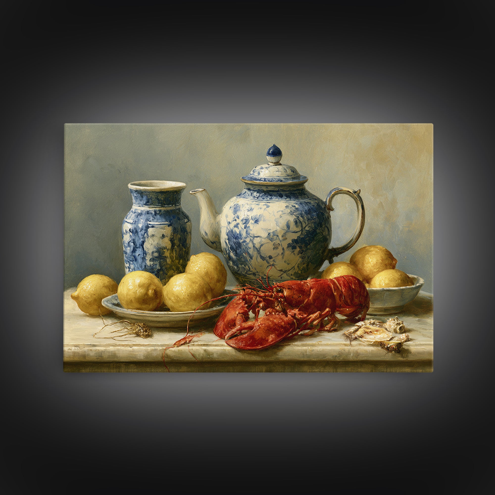 Unexpected Lobster and Lemons Still Life Canvas Print, Eclectic Art, Living Room Decor, Abstract Art, Eclectic, ECL-3x2-94