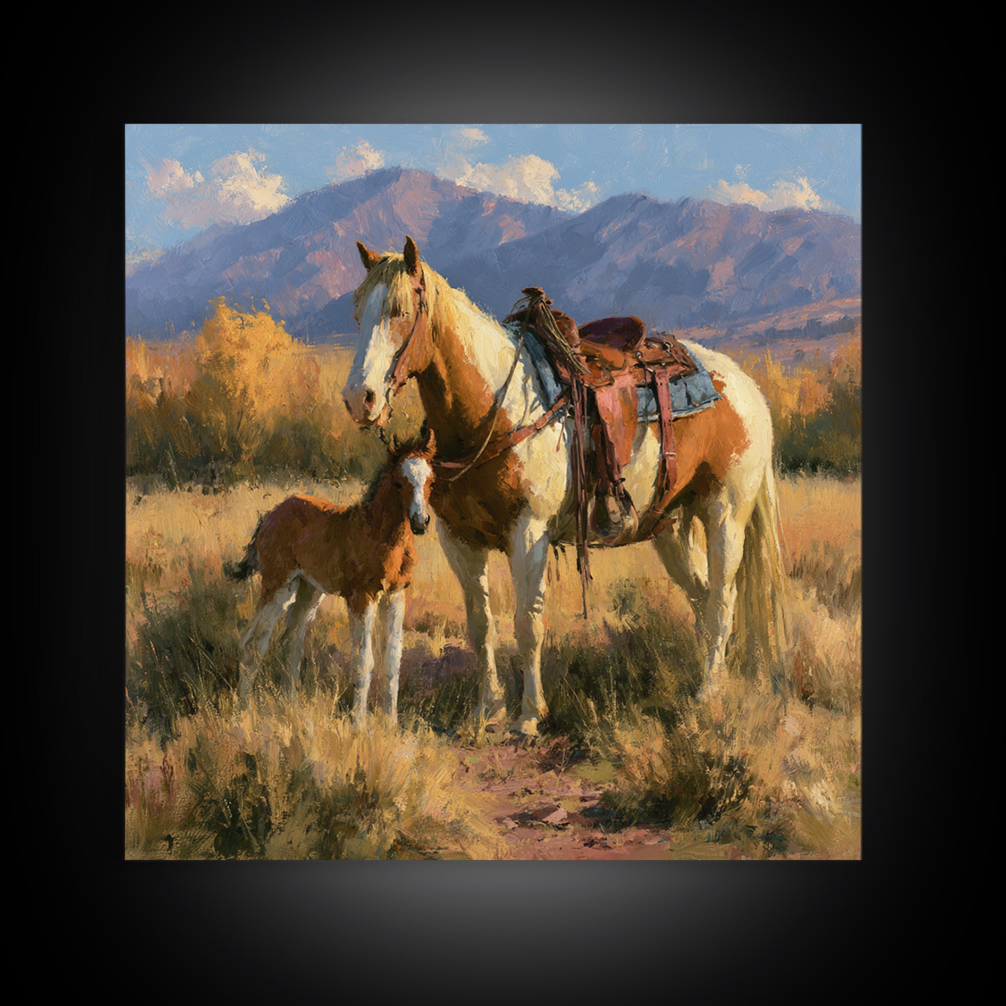 Horse and Foal Framed Canvas Print, Equestrian Art, Wall Decor, Living Room Decor, Oil Painting, Equestrian, Unique Wall Art, EQU-1x1-12