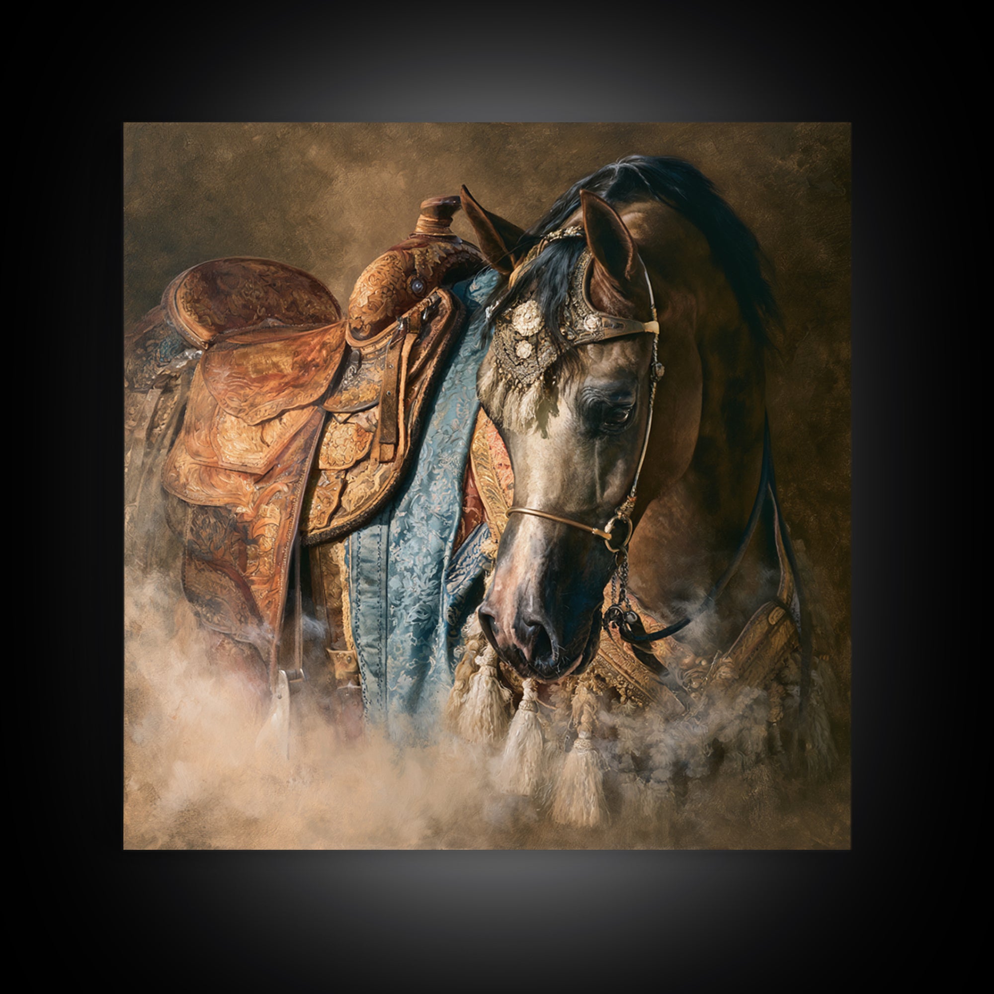 Arabian Horse with Ornate Tack and Silk Canvas Print, Equestrian Art, Living Room Decor, Oil Painting, Equestrian, EQU-1x1-15