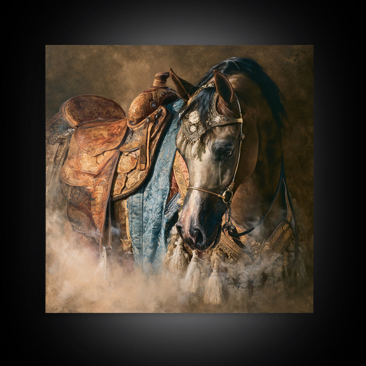 Arabian Horse with Ornate Tack and Silk Canvas Print, Equestrian Art, Living Room Decor, Oil Painting, Equestrian, EQU-1x1-15