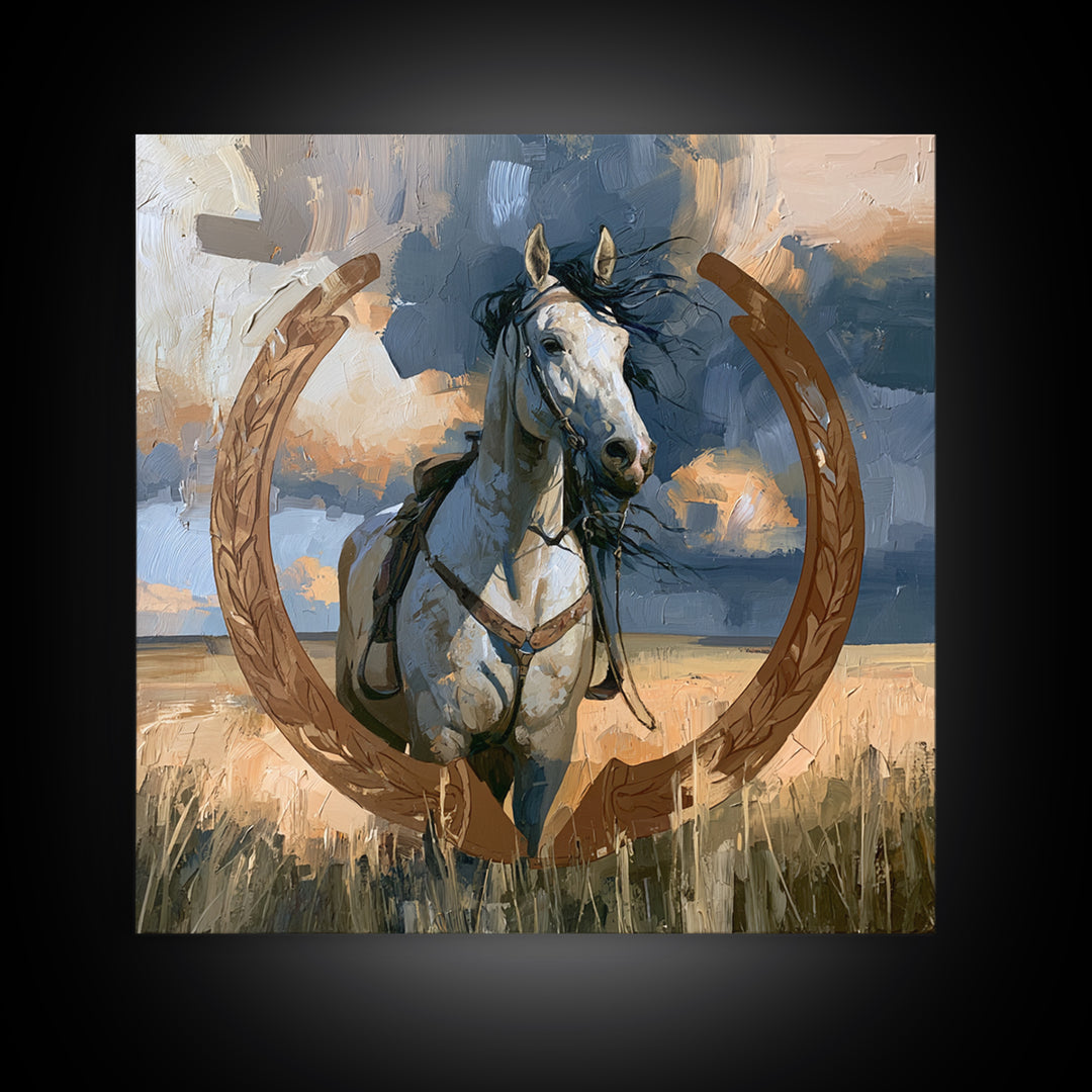 Equestrian Crest with Laurel and Horseshoe Canvas Print, Equestrian Art, Western Decor, Living Room Decor, Oil Painting, EQU-1x1-22