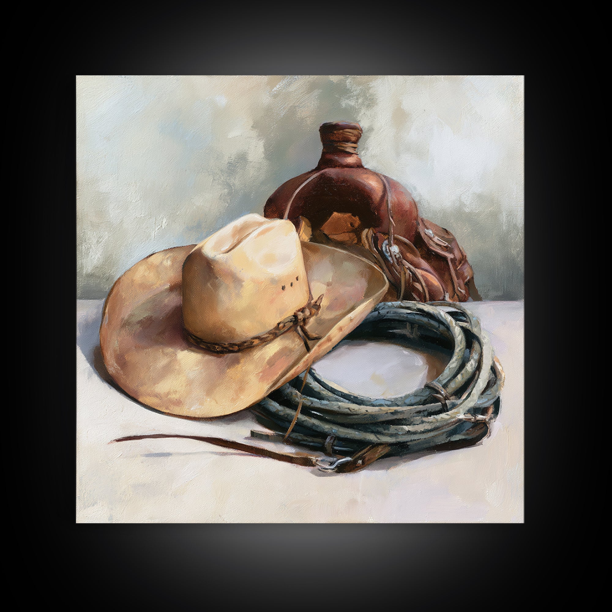 Cowgirl Hat and Reins Still Life Canvas Print, Equestrian Art, Western Decor, Living Room Decor, Fine Art, Equestrian, EQU-1x1-35