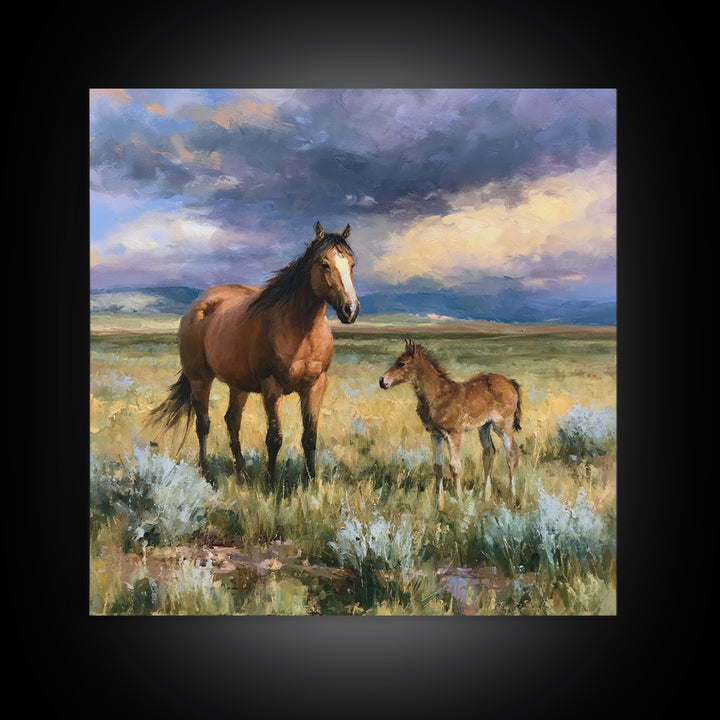 Horse and Foal Canvas Print, Equestrian Art, Digital Print, Living Room Decor, Equestrian, Moody Wall Art, Green Wall Art, EQU-1x1-36
