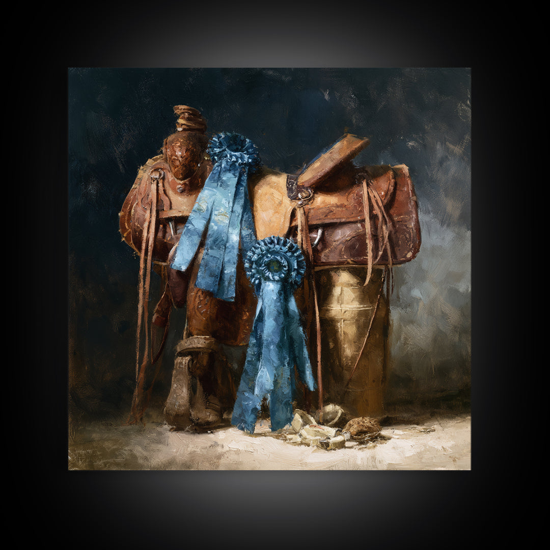 Blue Ribbon and Saddle Competition Still Life Canvas Print, Equestrian Art, Gallery Decor, Living Room Decor, Equestrian, EQU-1x1-41