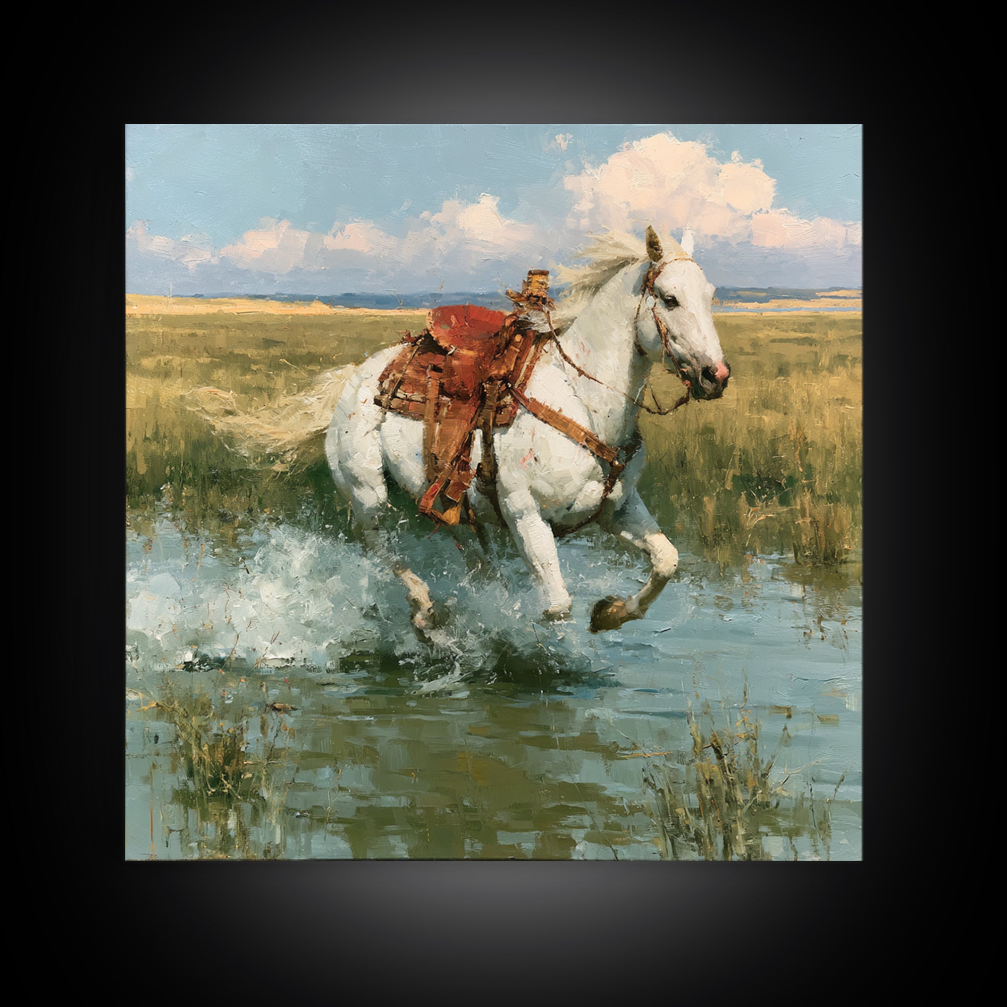 White Horse Running Through Shallow Water Canvas Print, Equestrian Art, Retro Poster, Living Room Decor, Fine Art, Equestrian, EQU-1x1-5