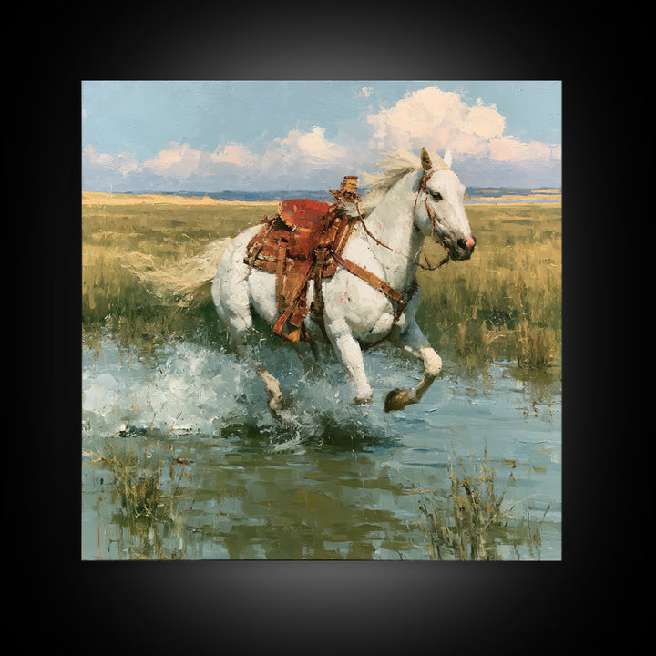 White Horse Running Through Shallow Water Canvas Print, Equestrian Art, Retro Poster, Living Room Decor, Fine Art, Equestrian, EQU-1x1-5