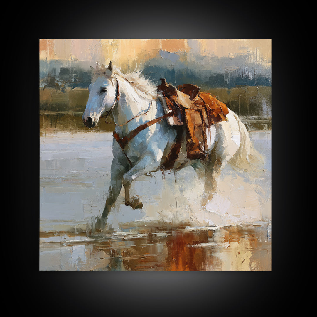 White Horse Running Through Shallow Water Framed Canvas Print, Equestrian Art, Fine Art Print, Living Room Decor, Equestrian, EQU-1x1-53