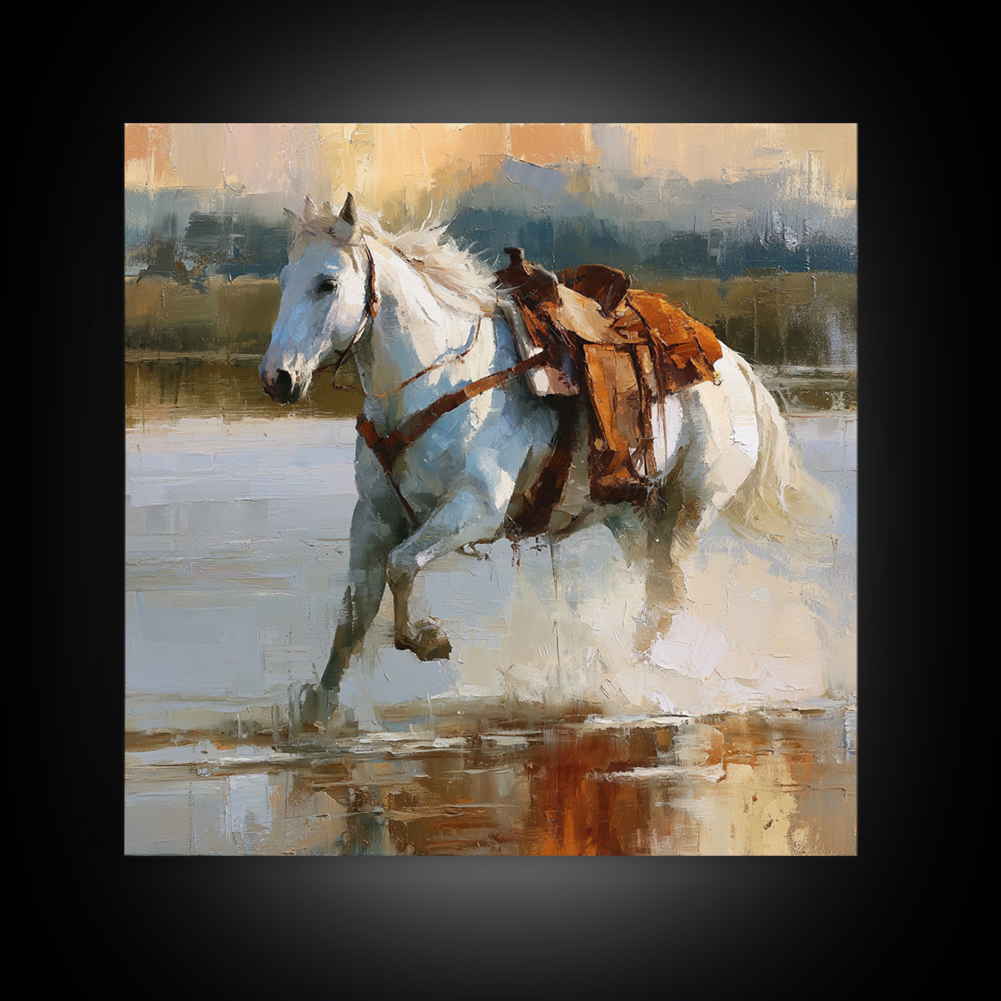 White Horse Running Through Shallow Water Framed Canvas Print, Equestrian Art, Fine Art Print, Living Room Decor, Equestrian, EQU-1x1-53