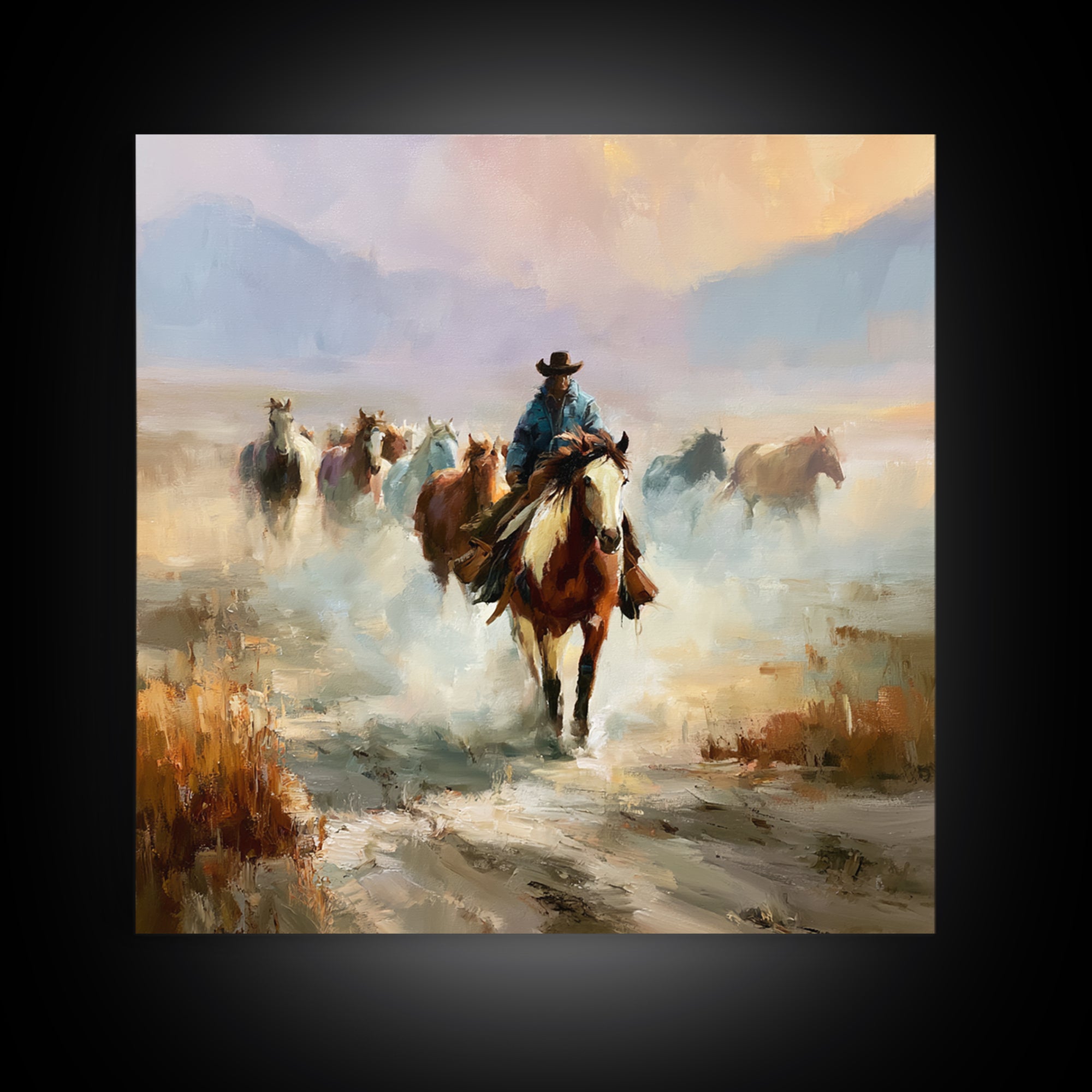 Wild Mustang Herd Crossing Desert Plains Canvas Print, Equestrian Art, Printable Art, Living Room Decor, Equestrian, EQU-1x1-56