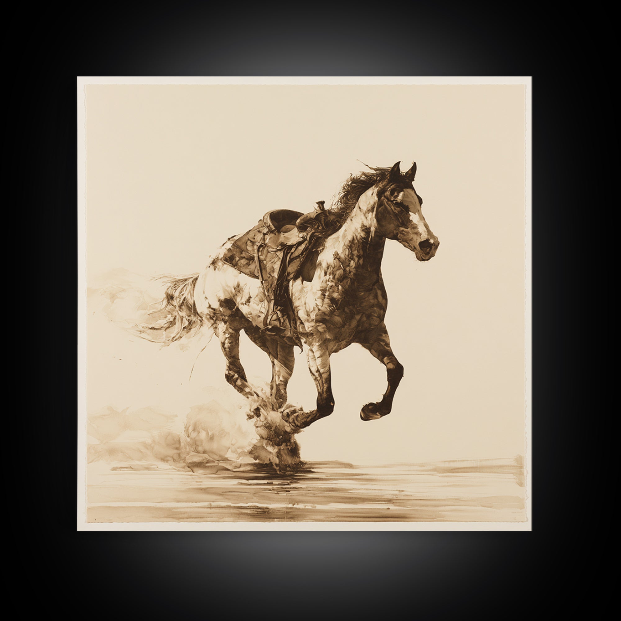 Minimal Horse Contour Drawing on Cream Paper Canvas Print, Equestrian Art, Antique Oil Painting, Living Room Decor, Equestrian, EQU-1x1-61