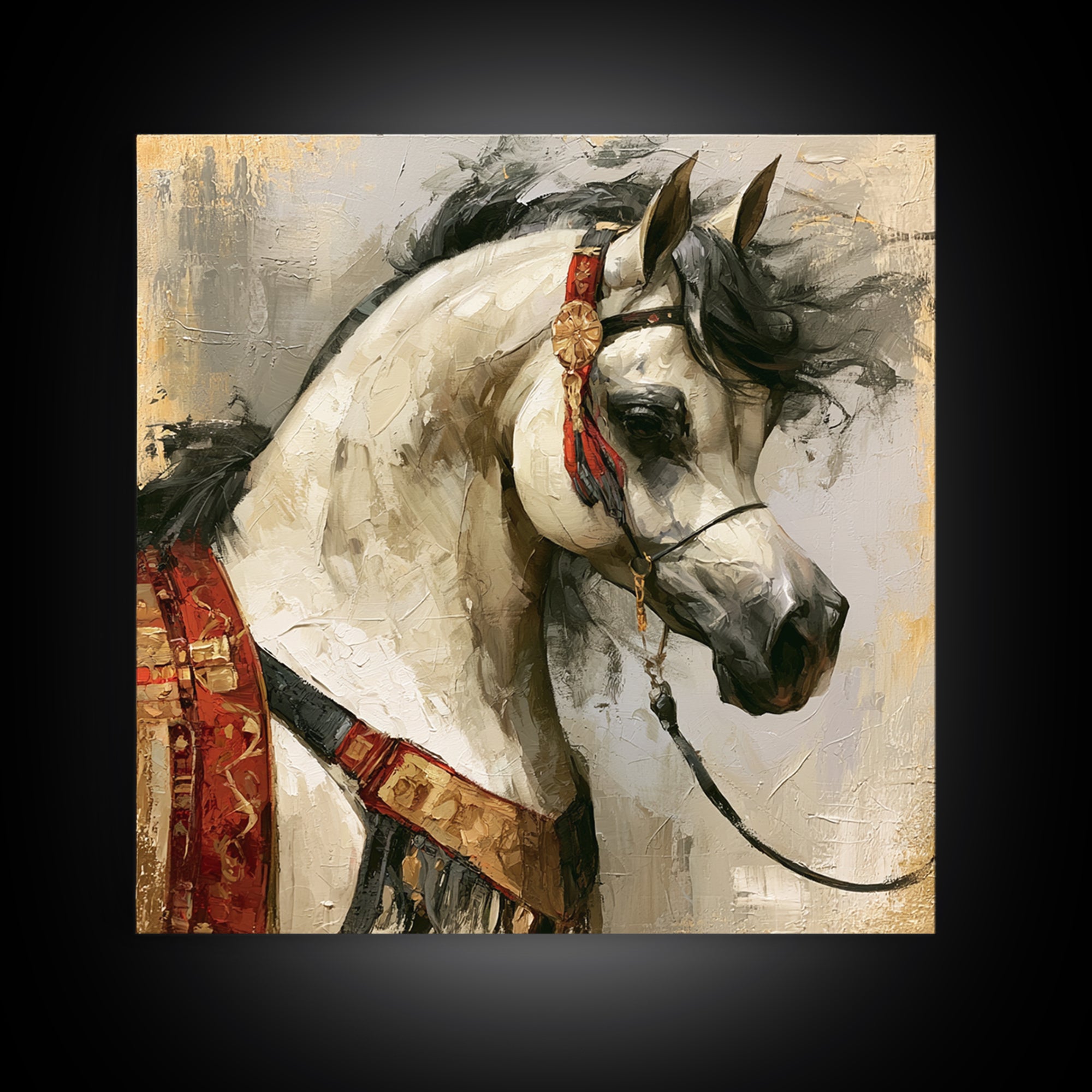 Arabian Horse with Ornate Tack and Silk Canvas Print, Equestrian Art, Antique Oil Painting, Living Room Decor, Equestrian, EQU-1x1-63