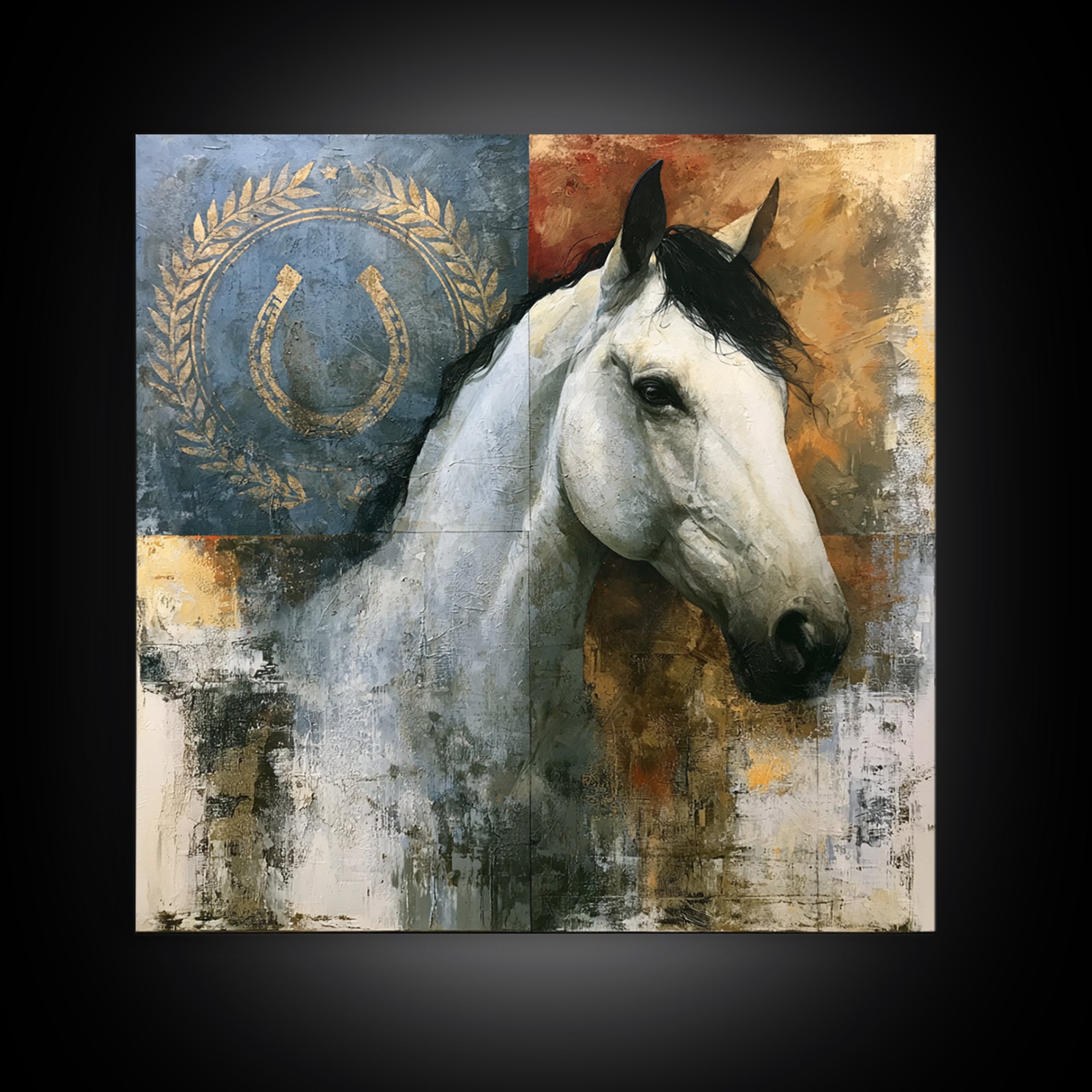 Equestrian Crest with Laurel and Horseshoe Canvas Print, Equestrian Art, Western Wall Art, Living Room Decor, Equestrian, EQU-1x1-70
