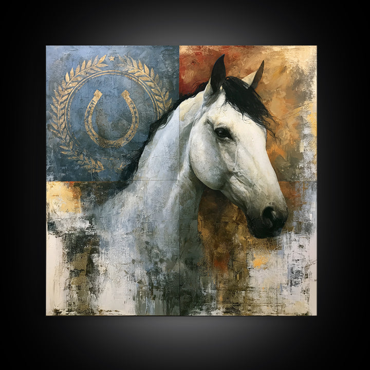 Equestrian Crest with Laurel and Horseshoe Canvas Print, Equestrian Art, Western Wall Art, Living Room Decor, Equestrian, EQU-1x1-70