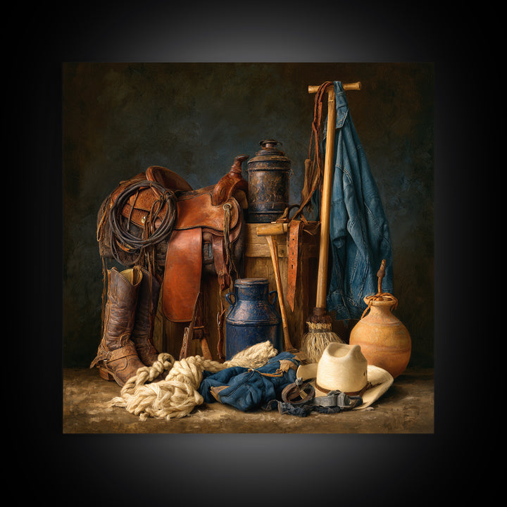 Stable Tools Arranged Like Old Master Still Framed Canvas Print, Equestrian Art, Gallery Wall, Living Room Decor, Equestrian, EQU-1x1-71