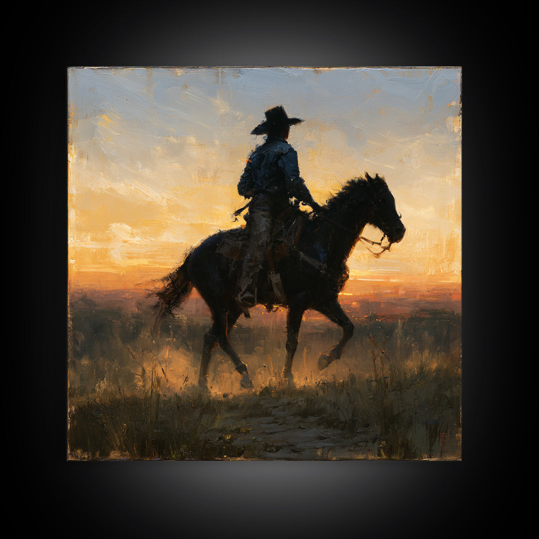 Equestrian Rider Silhouette at Sunrise Canvas Print, Equestrian Art, Modern Decor, Living Room Decor, Fine Art, Equestrian, EQU-1x1-75