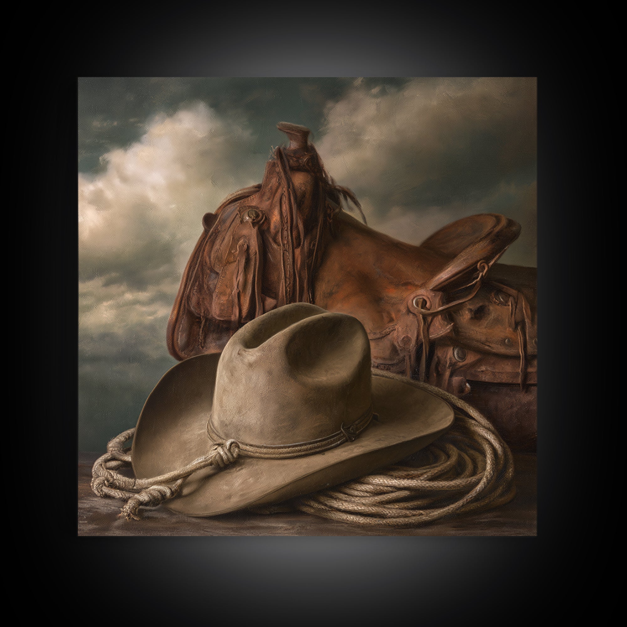 Cowgirl Hat and Reins Still Life Framed Canvas Print, Equestrian Art, Statement Artwork, Living Room Decor, Equestrian, EQU-1x1-83