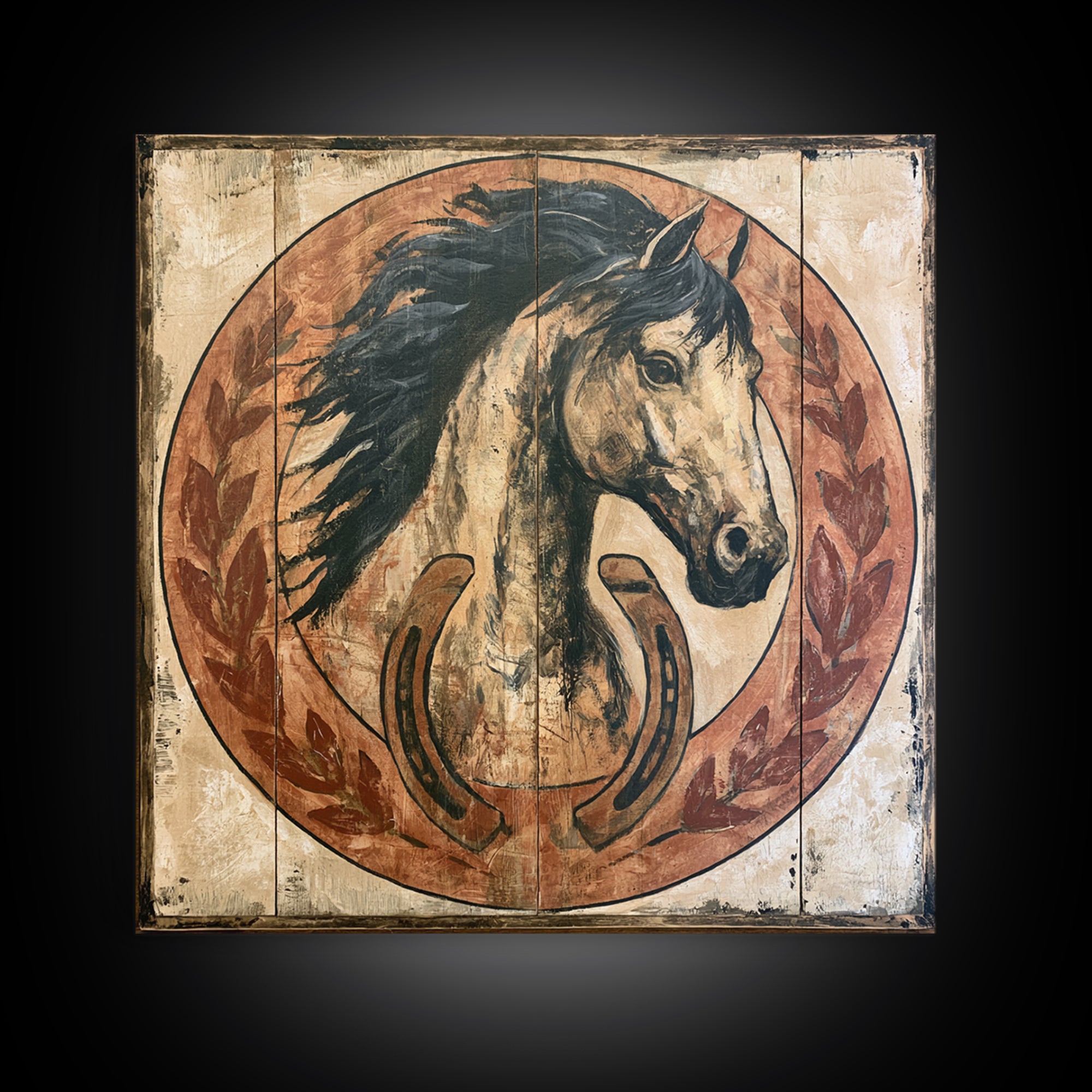 Equestrian Crest with Laurel and Horseshoe Canvas Print, Equestrian Art, Western Art, Living Room Decor, Fine Art, Equestrian, EQU-1x1-94