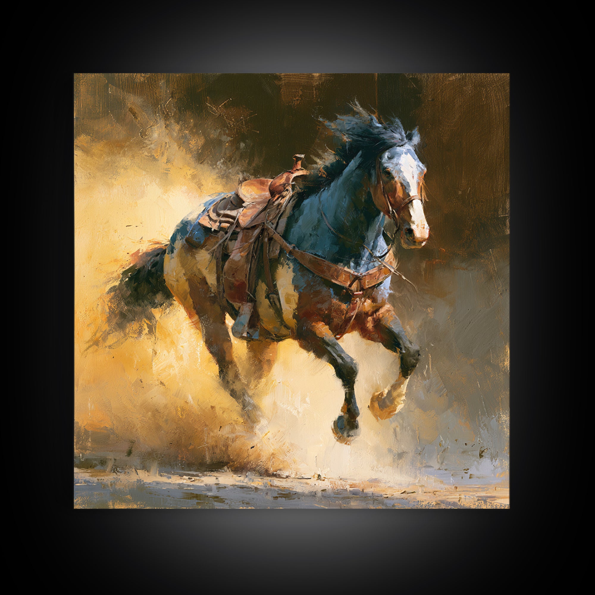 Galloping Horse in Golden Dust and Sunlight Canvas Print, Equestrian Art, Wall Art, Living Room Decor, Oil Painting, Equestrian, EQU-1x1-97