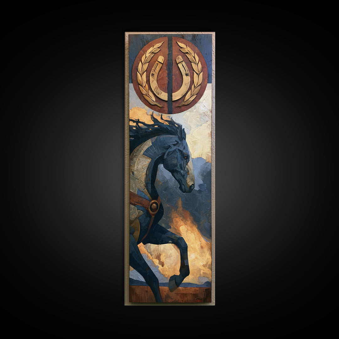 Equestrian Crest with Laurel and Horseshoe Canvas Print, Equestrian Art, Abstract Painting, Living Room Decor, Equestrian, EQU-1x3-10