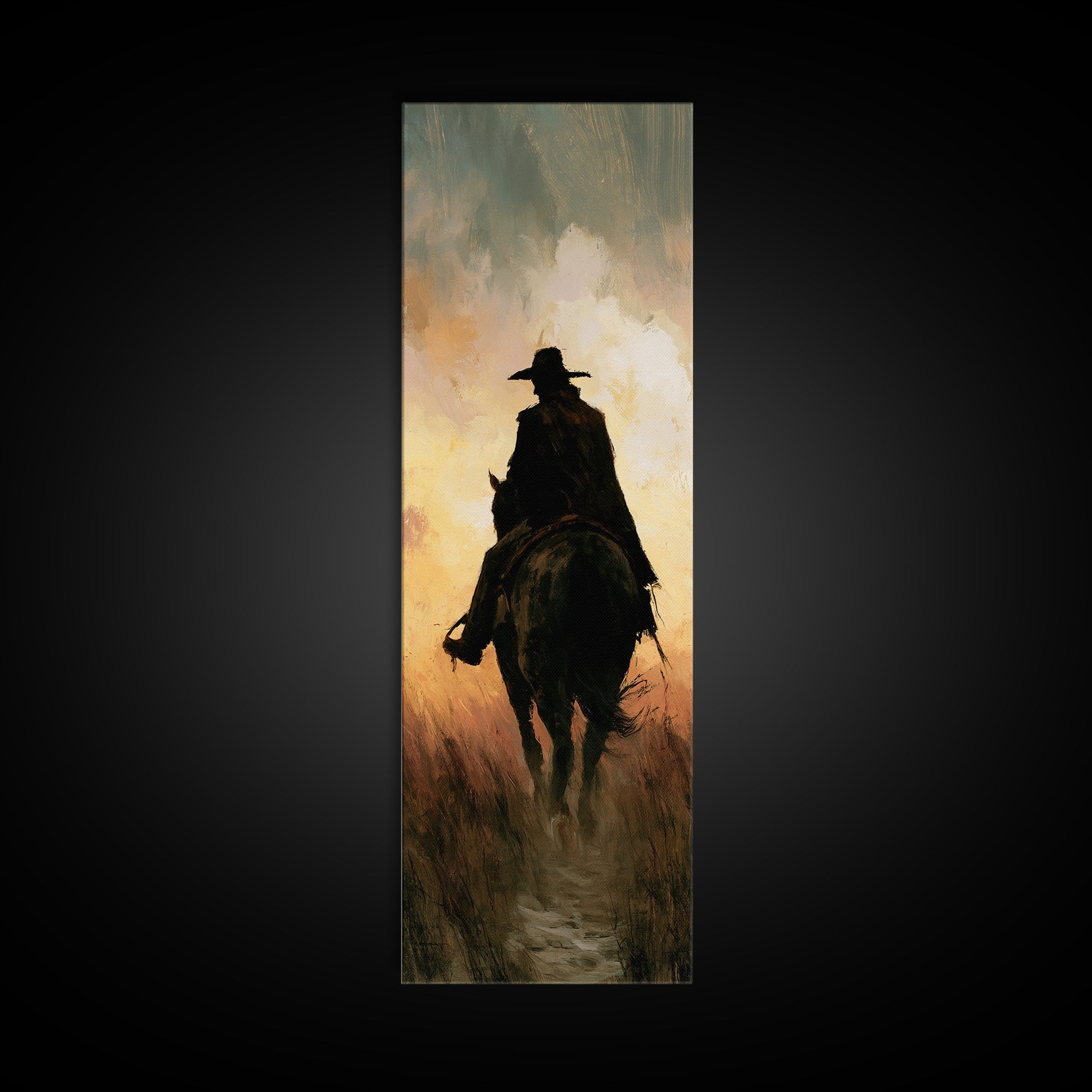 Equestrian Rider Silhouette at Sunrise Framed Canvas Print, Equestrian Art, Living Room Decor, Abstract Art, Equestrian, EQU-1x3-15
