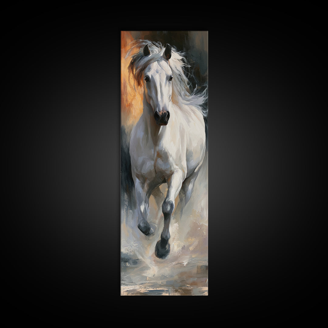 White Horse Running Through Shallow Water Canvas Print, Equestrian Art, Room Decor, Living Room Decor, Fine Art, Equestrian, EQU-1x3-17