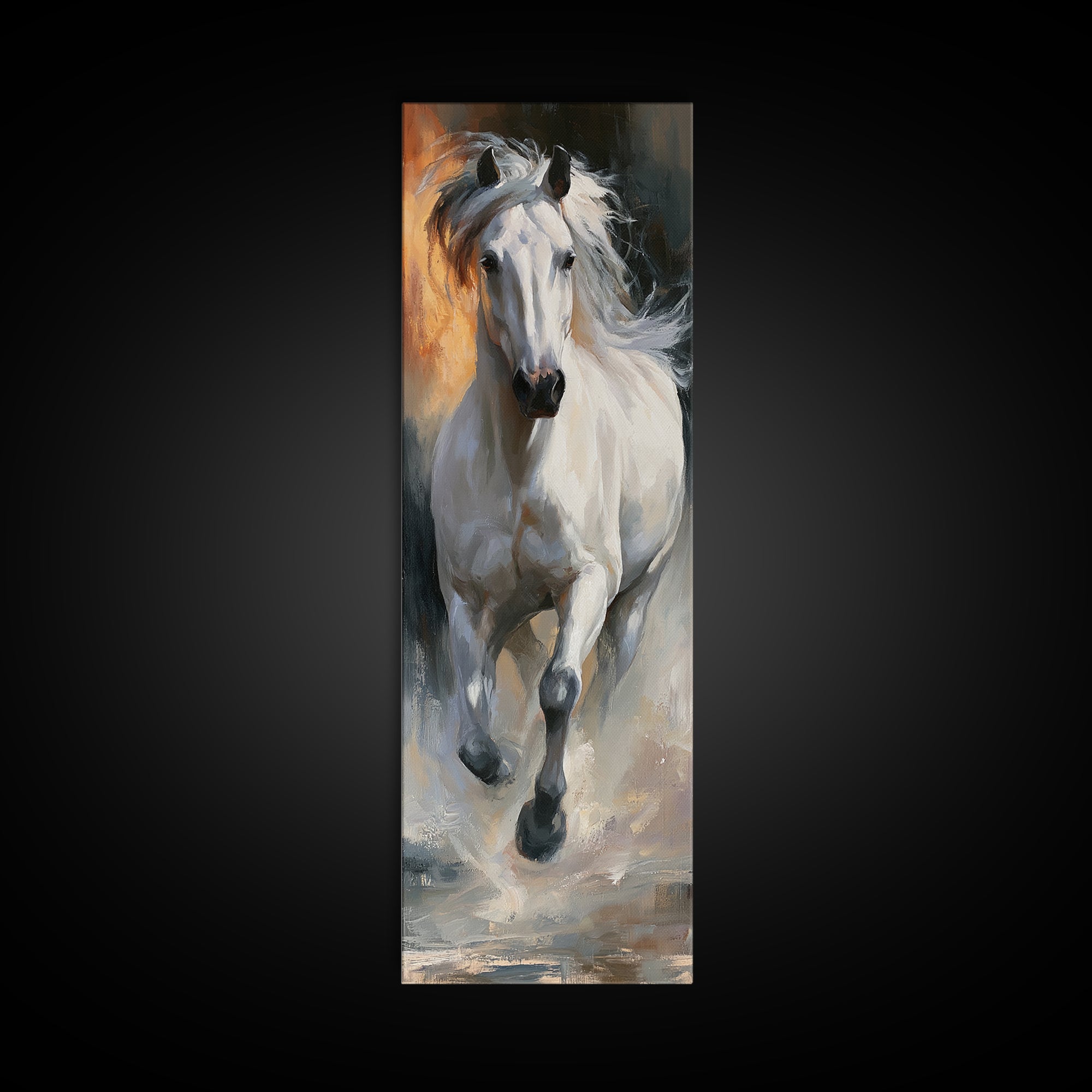 White Horse Running Through Shallow Water Canvas Print, Equestrian Art, Room Decor, Living Room Decor, Fine Art, Equestrian, EQU-1x3-17